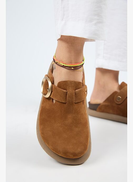 Manijero (Asymetry) Kadın Hakiki Deri Kemerli Tokalı Sabo Taba Terlik - Görsel 7