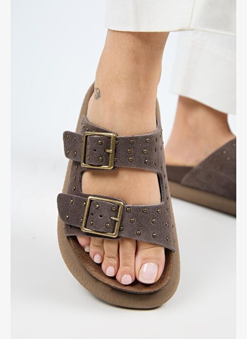 Manijero (Sude) Kadın Hakiki Deri Çift Tokalı Troklu Açık Kahve Terlik - Görsel 2