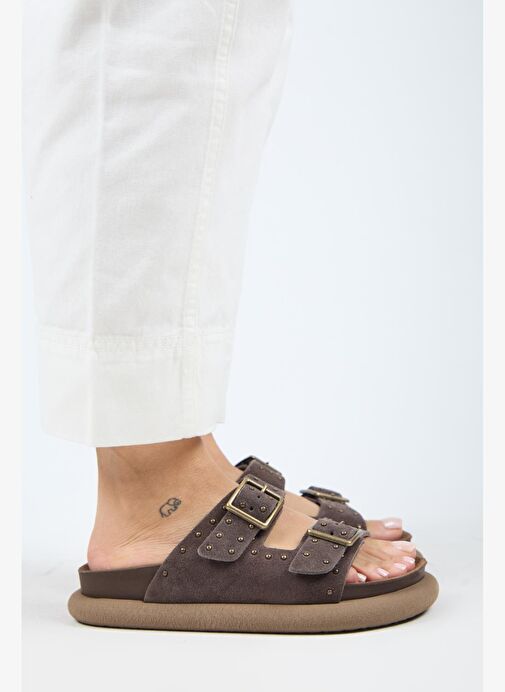 Manijero (Sude) Kadın Hakiki Deri Çift Tokalı Troklu Açık Kahve Terlik - Görsel 3