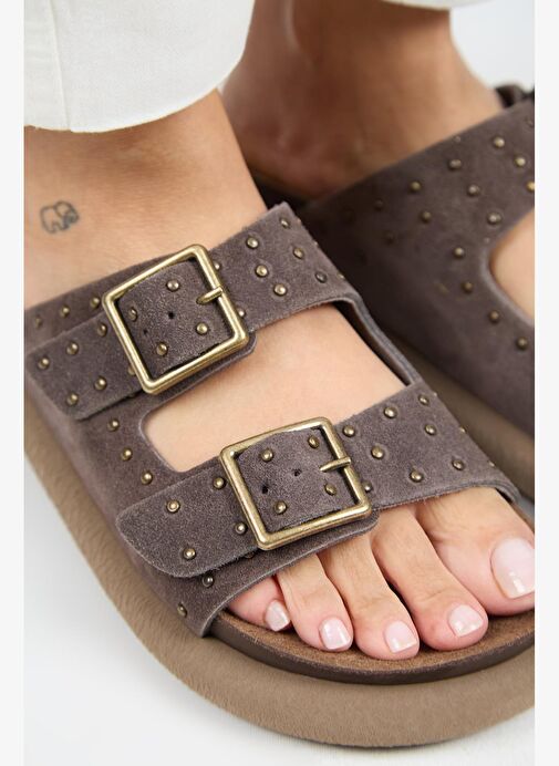 Manijero (Sude) Kadın Hakiki Deri Çift Tokalı Troklu Açık Kahve Terlik - Görsel 5