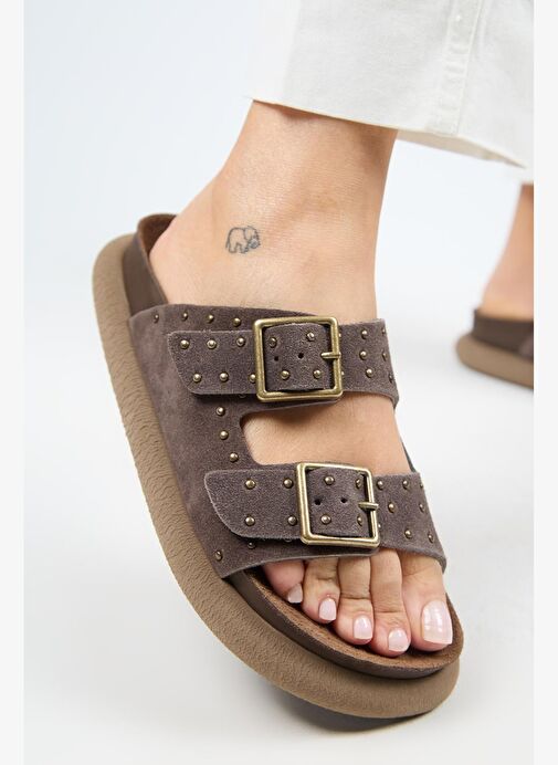 Manijero (Sude) Kadın Hakiki Deri Çift Tokalı Troklu Açık Kahve Terlik - Görsel 6