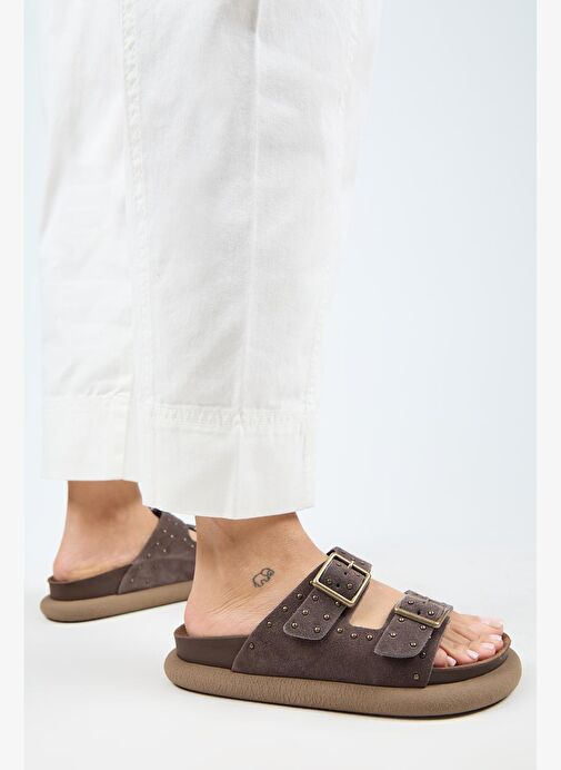 Manijero (Sude) Kadın Hakiki Deri Çift Tokalı Troklu Açık Kahve Terlik - Görsel 7