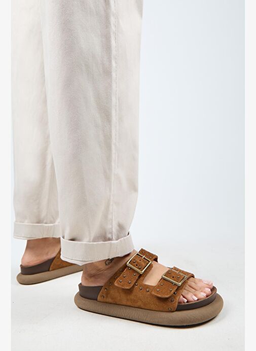 Manijero (Sude) Kadın Hakiki Deri Çift Tokalı Troklu Taba Terlik - Görsel 2