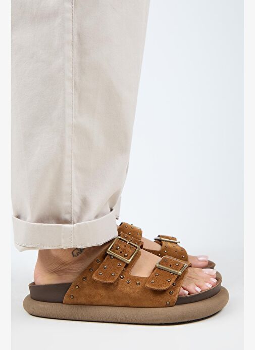 Manijero (Sude) Kadın Hakiki Deri Çift Tokalı Troklu Taba Terlik - Görsel 3