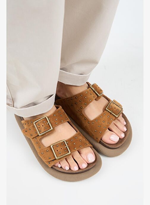 Manijero (Sude) Kadın Hakiki Deri Çift Tokalı Troklu Taba Terlik - Görsel 4