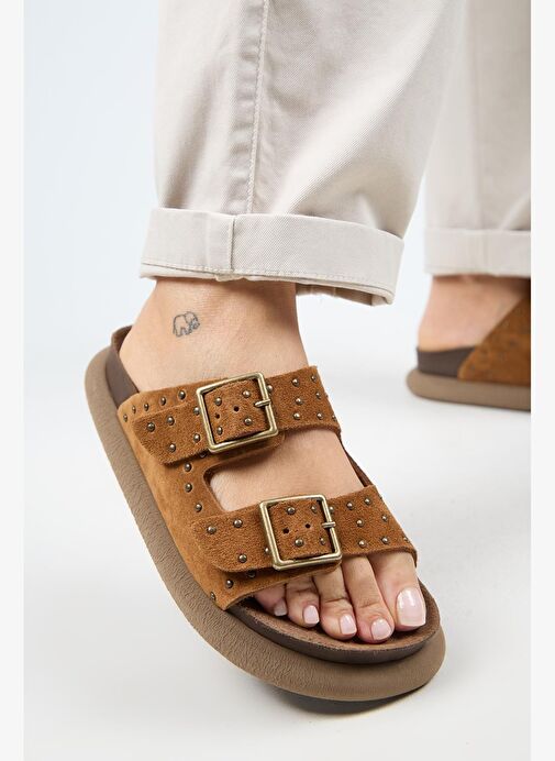 Manijero (Sude) Kadın Hakiki Deri Çift Tokalı Troklu Taba Terlik - Görsel 6