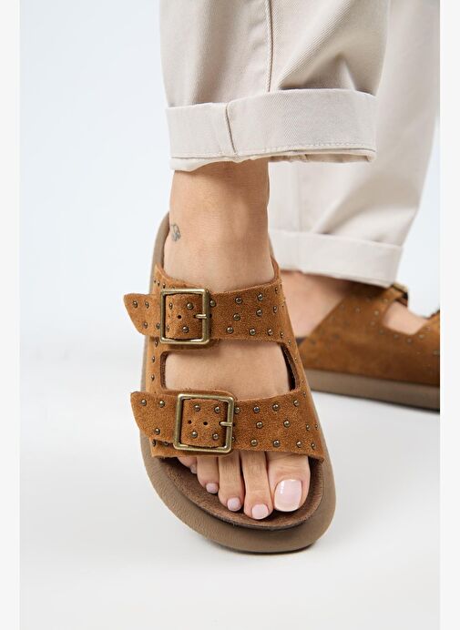 Manijero (Sude) Kadın Hakiki Deri Çift Tokalı Troklu Taba Terlik - Görsel 7