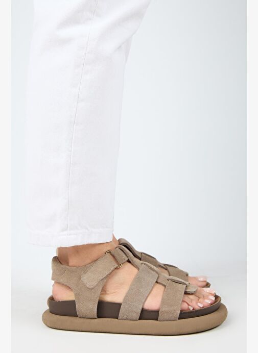 Manijero Capra Kadın Hakiki Deri Atkılı Cırtlı Vizon Sandalet - Görsel 3