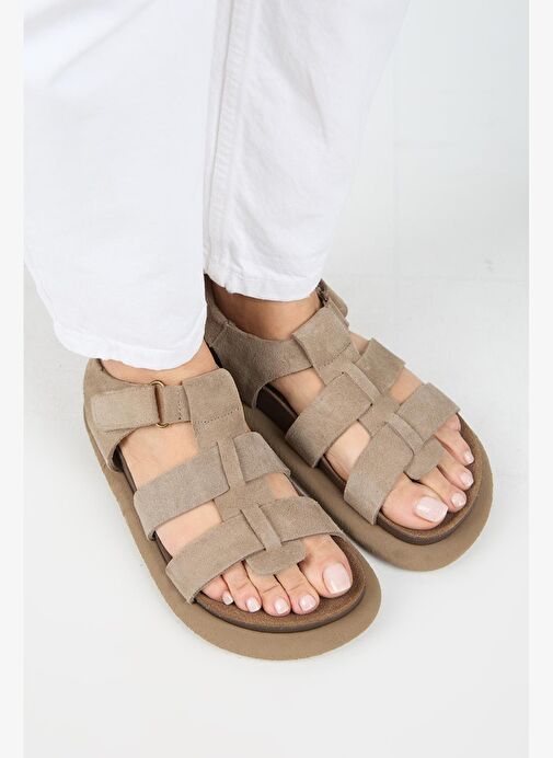 Manijero Capra Kadın Hakiki Deri Atkılı Cırtlı Vizon Sandalet - Görsel 4