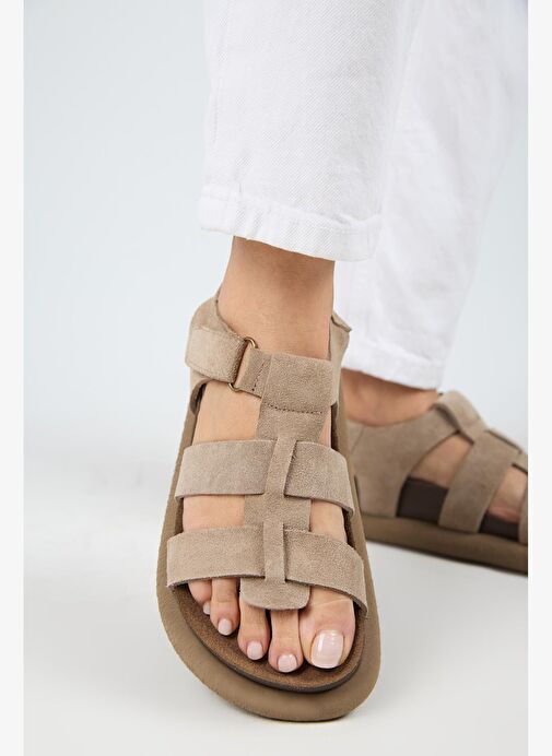 Manijero Capra Kadın Hakiki Deri Atkılı Cırtlı Vizon Sandalet - Görsel 6