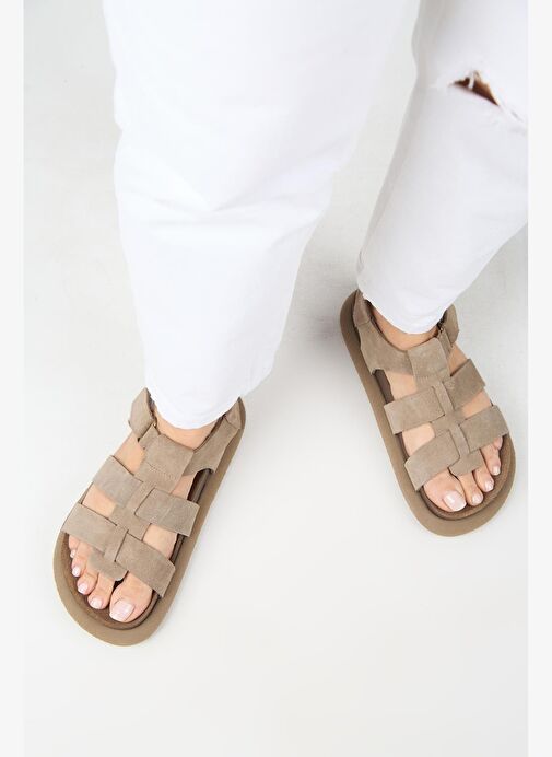 Manijero Capra Kadın Hakiki Deri Atkılı Cırtlı Vizon Sandalet - Görsel 9