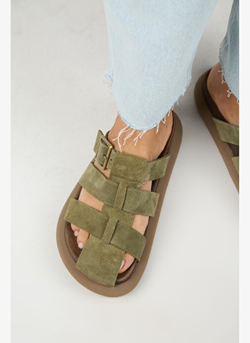 Manijero Brancato Kadın Hakiki Deri Tokalı Bantlı Sabo Haki Terlik - Görsel 2