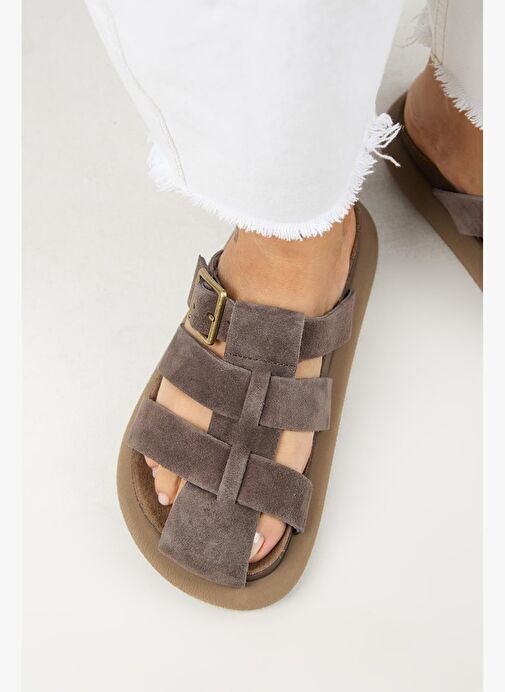 Manijero Brancato Kadın Hakiki Deri Tokalı Bantlı Sabo Kahve Terlik - Görsel 2