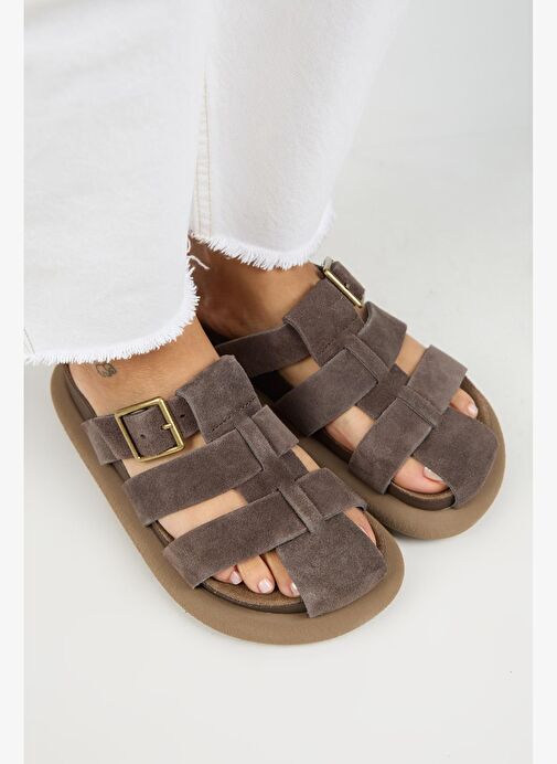 Manijero Brancato Kadın Hakiki Deri Tokalı Bantlı Sabo Kahve Terlik - Görsel 4