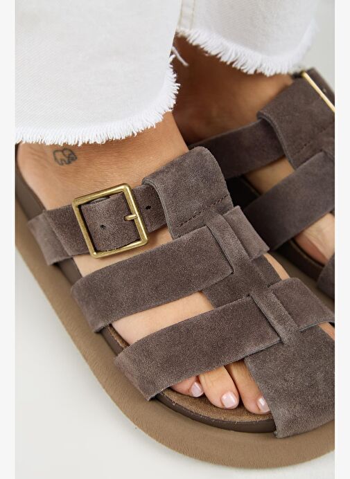 Manijero Brancato Kadın Hakiki Deri Tokalı Bantlı Sabo Kahve Terlik - Görsel 5