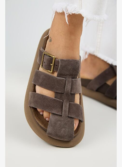 Manijero Brancato Kadın Hakiki Deri Tokalı Bantlı Sabo Kahve Terlik - Görsel 7