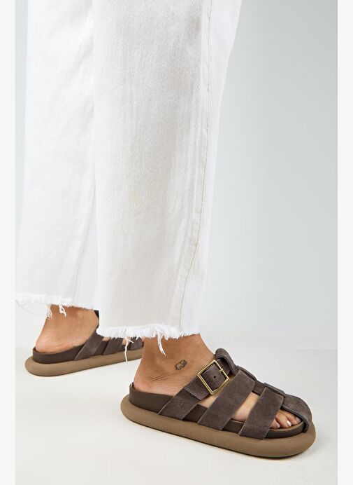 Manijero Brancato Kadın Hakiki Deri Tokalı Bantlı Sabo Kahve Terlik - Görsel 8