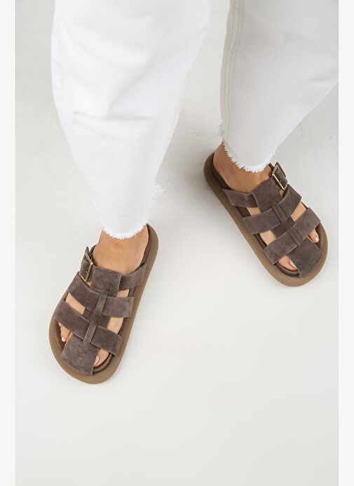 Manijero Brancato Kadın Hakiki Deri Tokalı Bantlı Sabo Kahve Terlik - Görsel 9