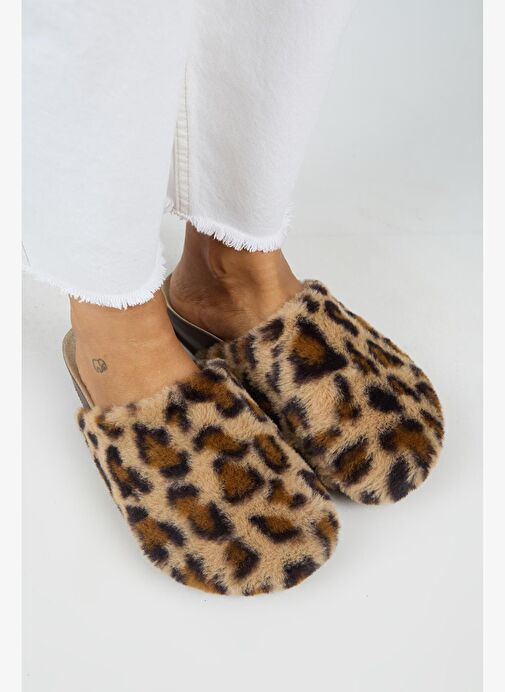 Manijero Leda Kadın Peluş Düz Taba Leopar Terlik - Görsel 3