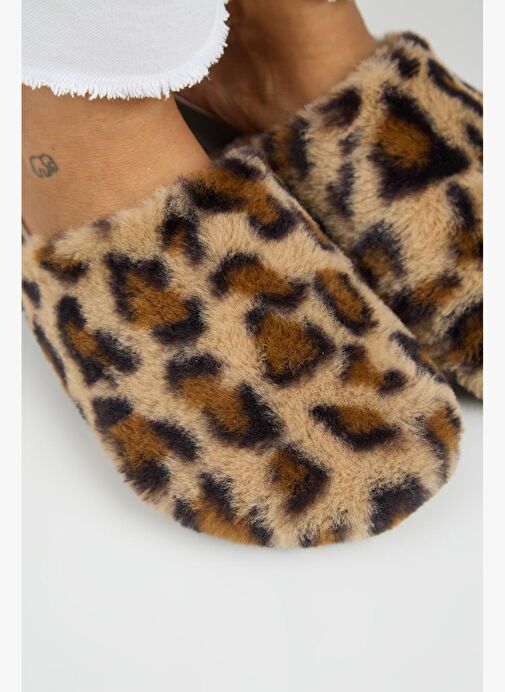 Manijero Leda Kadın Peluş Düz Taba Leopar Terlik - Görsel 4