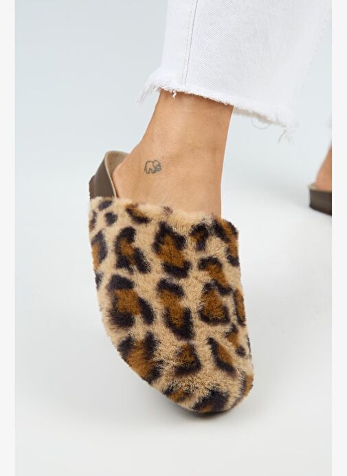 Manijero Leda Kadın Peluş Düz Taba Leopar Terlik - Görsel 5