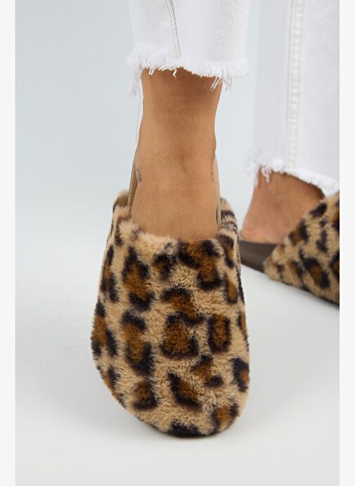 Manijero Leda Kadın Peluş Düz Taba Leopar Terlik - Görsel 6