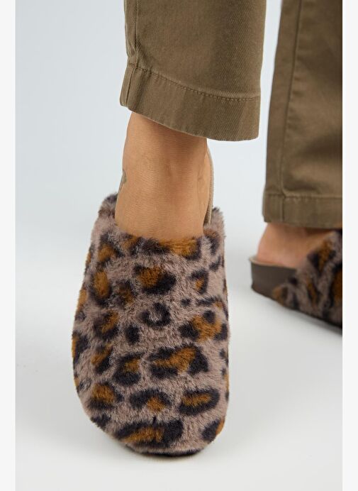 Manijero Leda Kadın Peluş Düz Vizon Leopar Terlik - Görsel 6