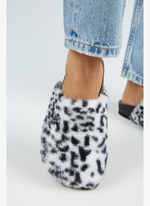 Manijero Leda Kadın Peluş Düz Beyaz Leopar Terlik - Görsel 6