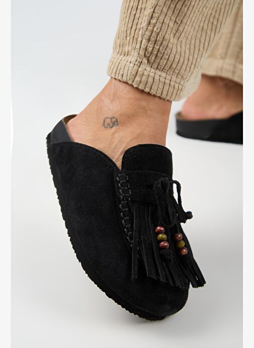 Manijero Malinda Kadın Hakiki Deri Püsküllü Boncuk Detaylı Sabo Siyah Terlik - Görsel 2