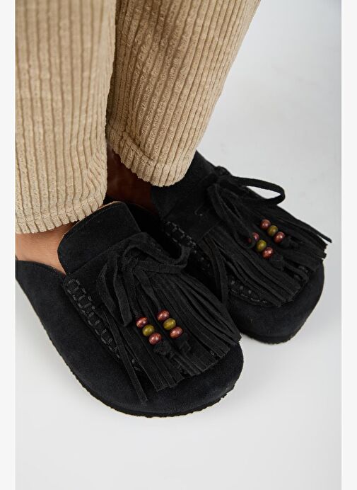 Manijero Malinda Kadın Hakiki Deri Püsküllü Boncuk Detaylı Sabo Siyah Terlik - Görsel 4