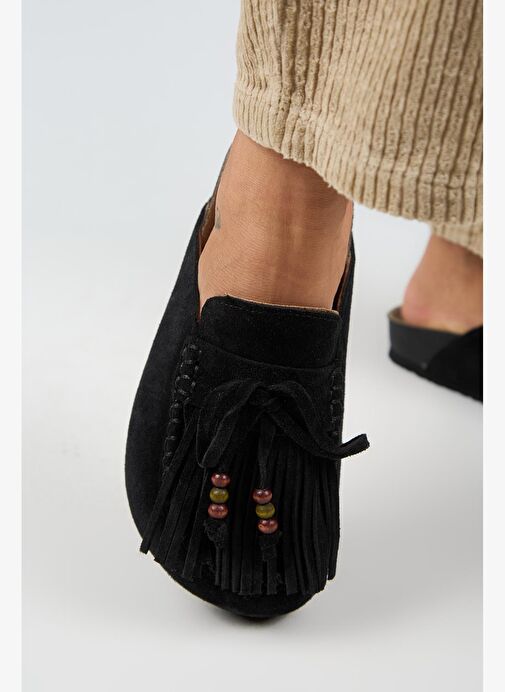 Manijero Malinda Kadın Hakiki Deri Püsküllü Boncuk Detaylı Sabo Siyah Terlik - Görsel 6