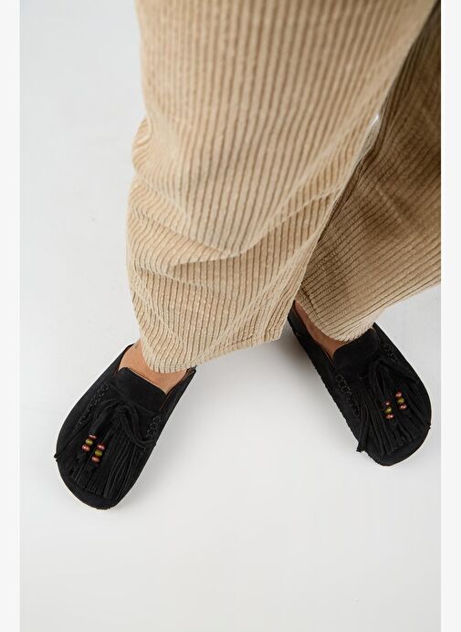 Manijero Malinda Kadın Hakiki Deri Püsküllü Boncuk Detaylı Sabo Siyah Terlik - Görsel 8