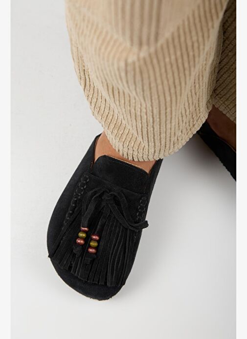 Manijero Malinda Kadın Hakiki Deri Püsküllü Boncuk Detaylı Sabo Siyah Terlik - Görsel 9