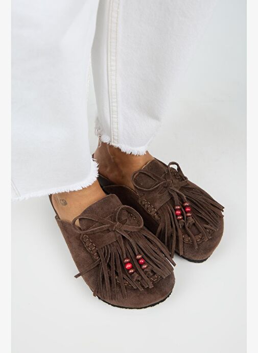 Manijero Malinda Kadın Hakiki Deri Püsküllü Boncuk Detaylı Sabo Kahve Terlik - Görsel 2