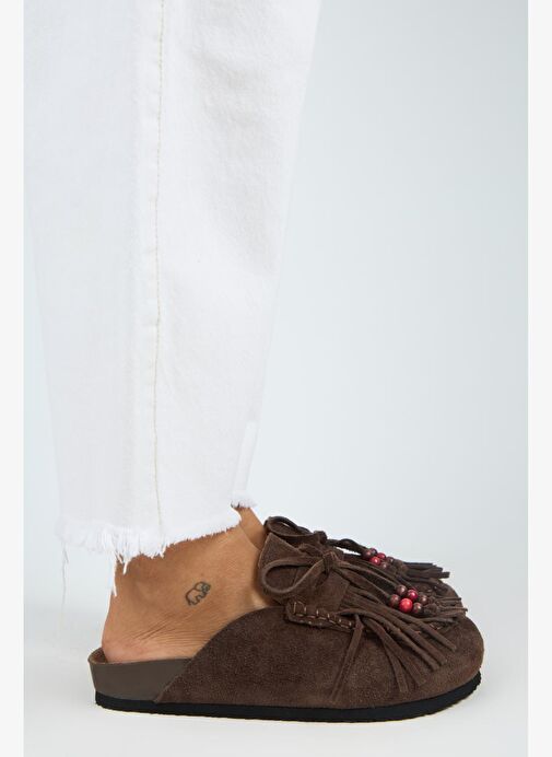 Manijero Malinda Kadın Hakiki Deri Püsküllü Boncuk Detaylı Sabo Kahve Terlik - Görsel 3