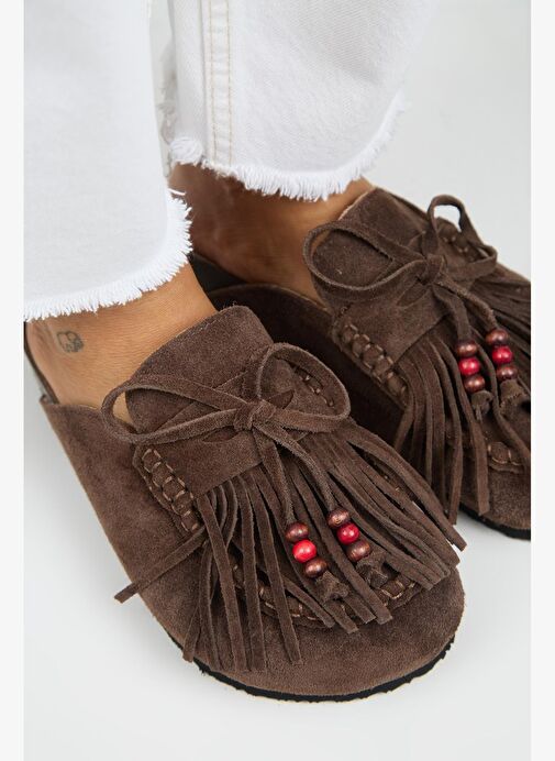 Manijero Malinda Kadın Hakiki Deri Püsküllü Boncuk Detaylı Sabo Kahve Terlik - Görsel 4