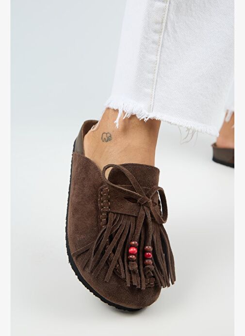 Manijero Malinda Kadın Hakiki Deri Püsküllü Boncuk Detaylı Sabo Kahve Terlik - Görsel 5