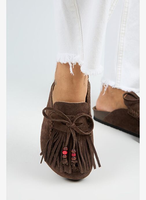 Manijero Malinda Kadın Hakiki Deri Püsküllü Boncuk Detaylı Sabo Kahve Terlik - Görsel 6