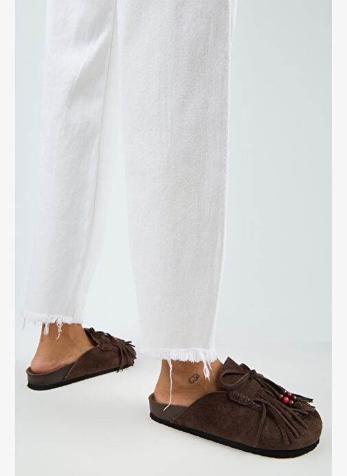 Manijero Malinda Kadın Hakiki Deri Püsküllü Boncuk Detaylı Sabo Kahve Terlik - Görsel 7