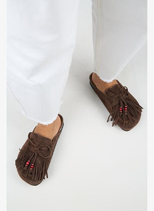 Manijero Malinda Kadın Hakiki Deri Püsküllü Boncuk Detaylı Sabo Kahve Terlik - Görsel 8