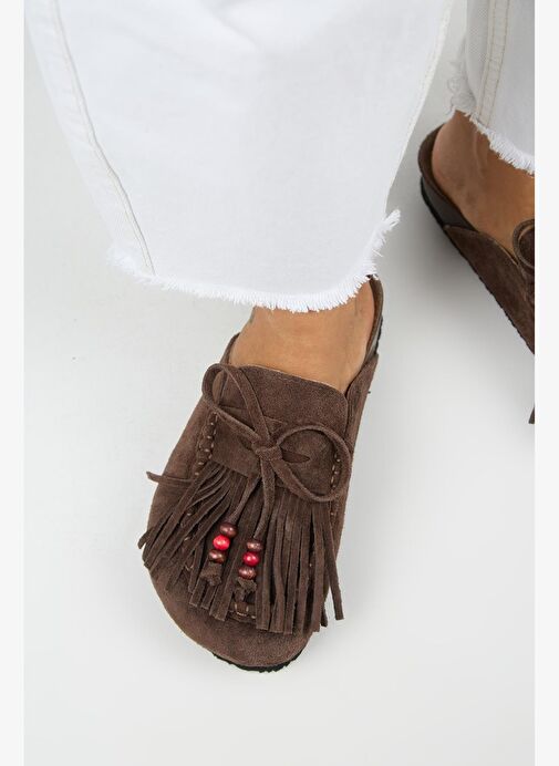 Manijero Malinda Kadın Hakiki Deri Püsküllü Boncuk Detaylı Sabo Kahve Terlik - Görsel 9