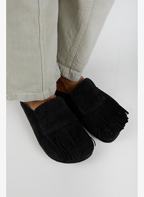 Manijero Madora Kadın Hakiki Deri Püsküllü Sabo Siyah Terlik - Görsel 3