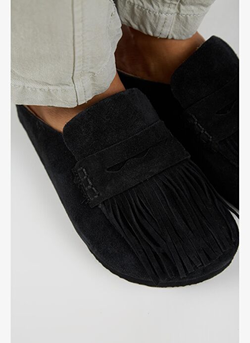 Manijero Madora Kadın Hakiki Deri Püsküllü Sabo Siyah Terlik - Görsel 4