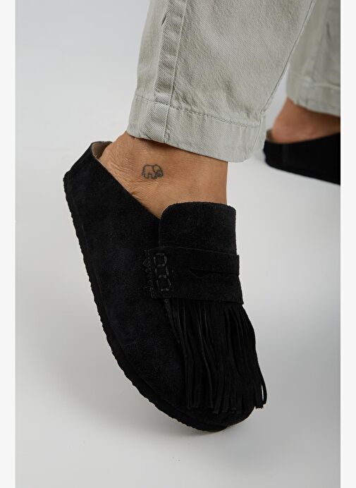 Manijero Madora Kadın Hakiki Deri Püsküllü Sabo Siyah Terlik - Görsel 5