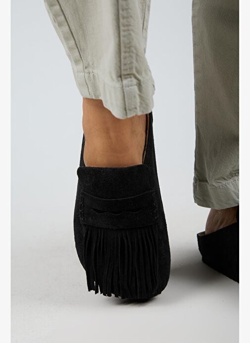 Manijero Madora Kadın Hakiki Deri Püsküllü Sabo Siyah Terlik - Görsel 7
