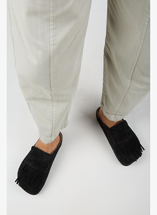 Manijero Madora Kadın Hakiki Deri Püsküllü Sabo Siyah Terlik - Görsel 8