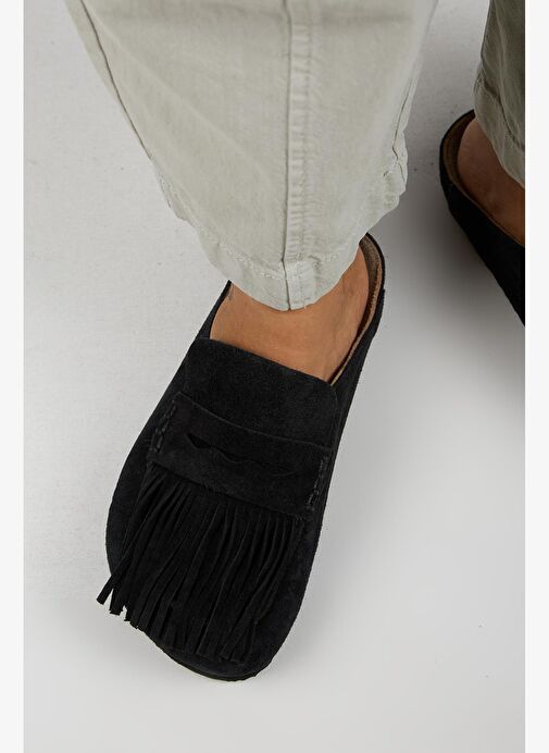 Manijero Madora Kadın Hakiki Deri Püsküllü Sabo Siyah Terlik - Görsel 9