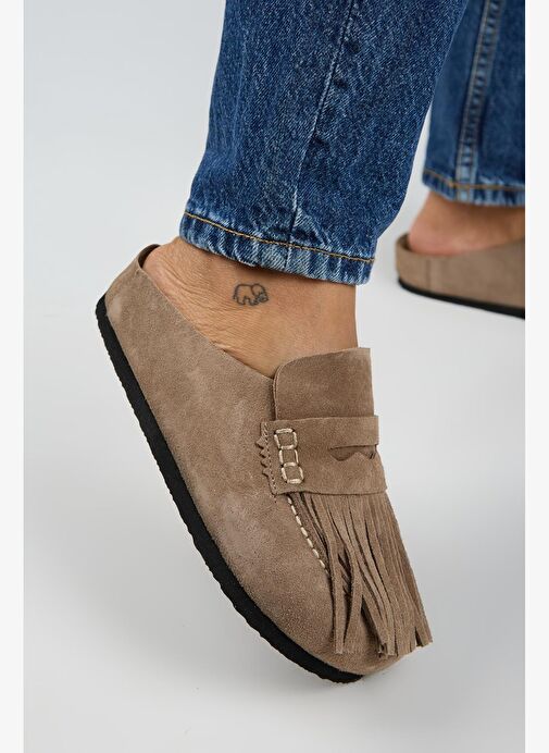 Manijero Madora Kadın Hakiki Deri Püsküllü Sabo Vizon Terlik - Görsel 2