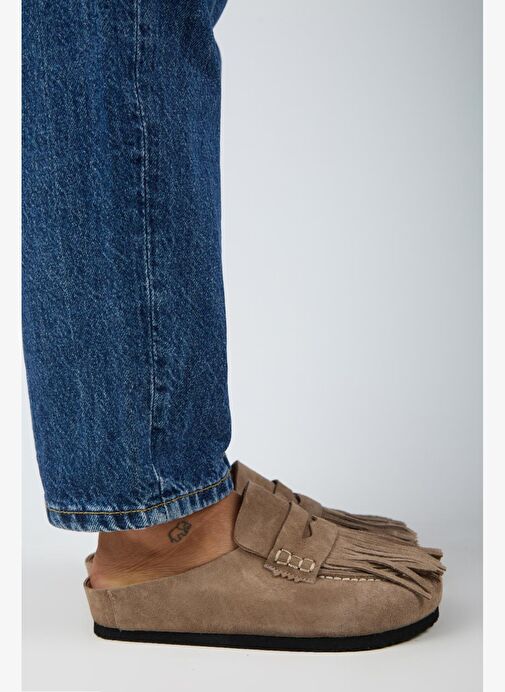 Manijero Madora Kadın Hakiki Deri Püsküllü Sabo Vizon Terlik - Görsel 3