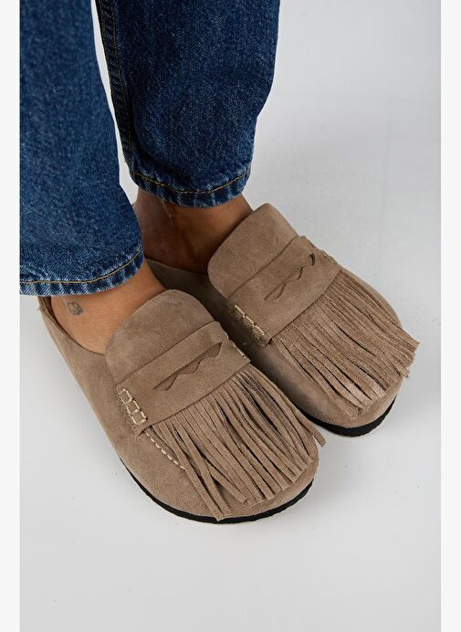 Manijero Madora Kadın Hakiki Deri Püsküllü Sabo Vizon Terlik - Görsel 4